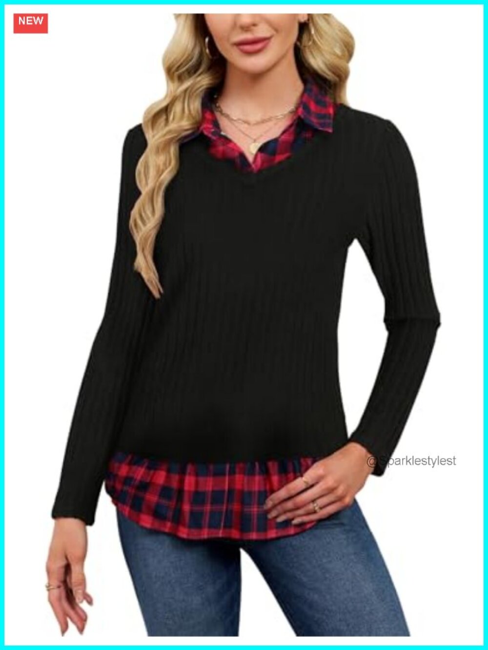 Collared Sweater Shirt Combo Twofer Tops Plaid Patchwork Layered